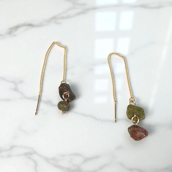 18K Gold Plated Brass Stud Tigers eye Threader Earrings - Picture 1 of 3